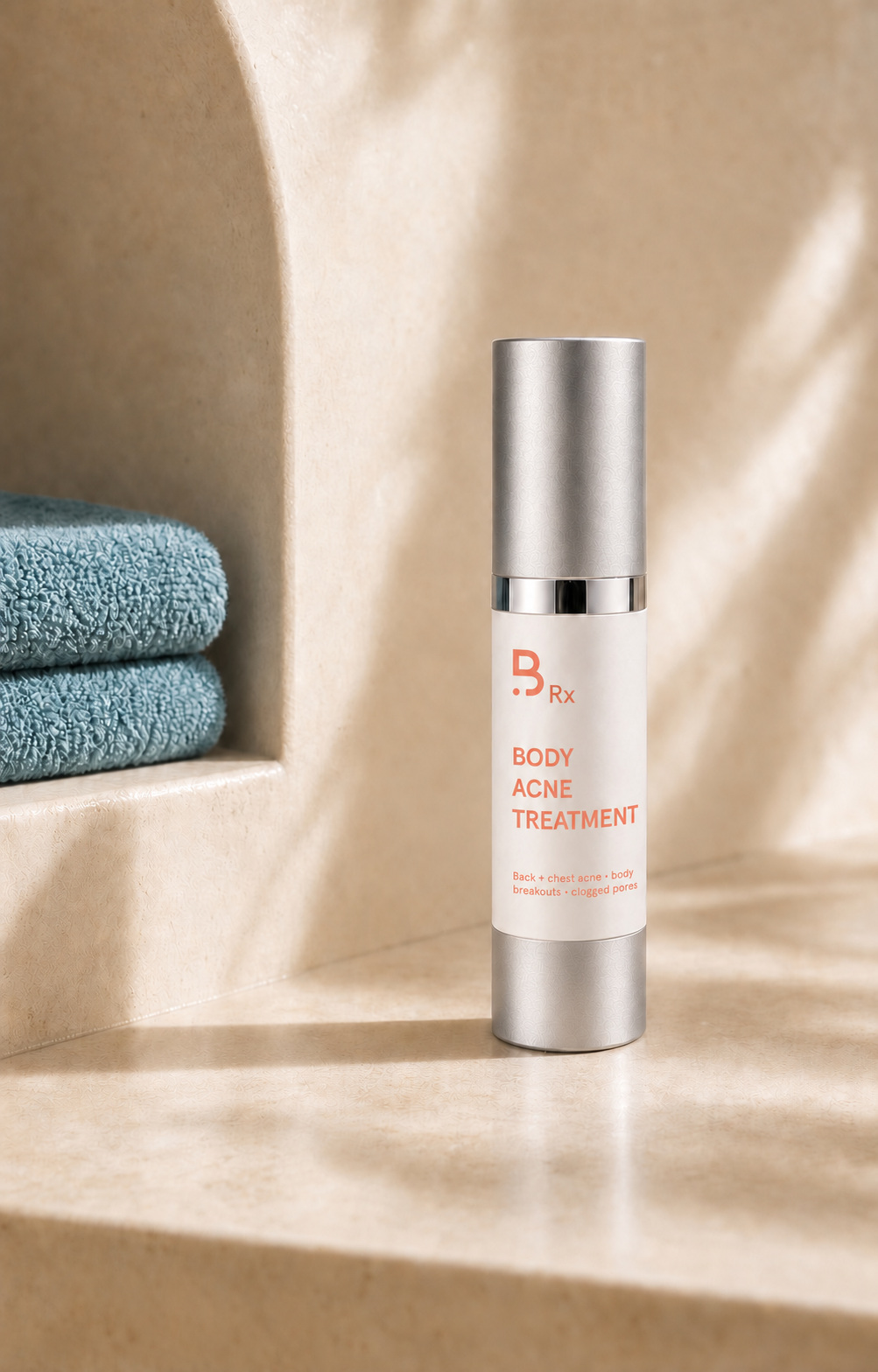Advanced Body Clarifying Cream packaging mockup in a bathroom setting